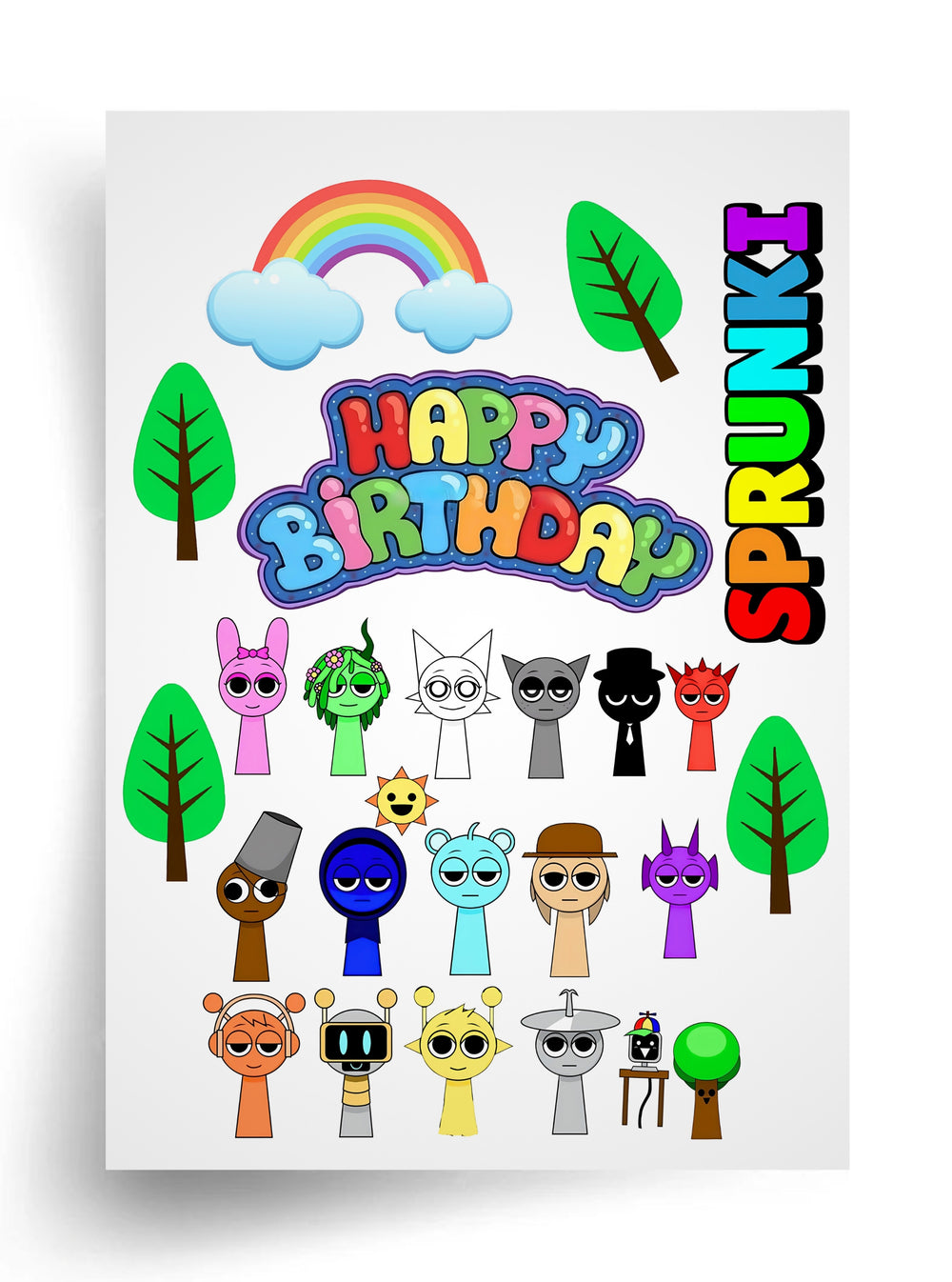 Макет "Спрункі - герої та напис Happy Birthday" для харчового друку А4